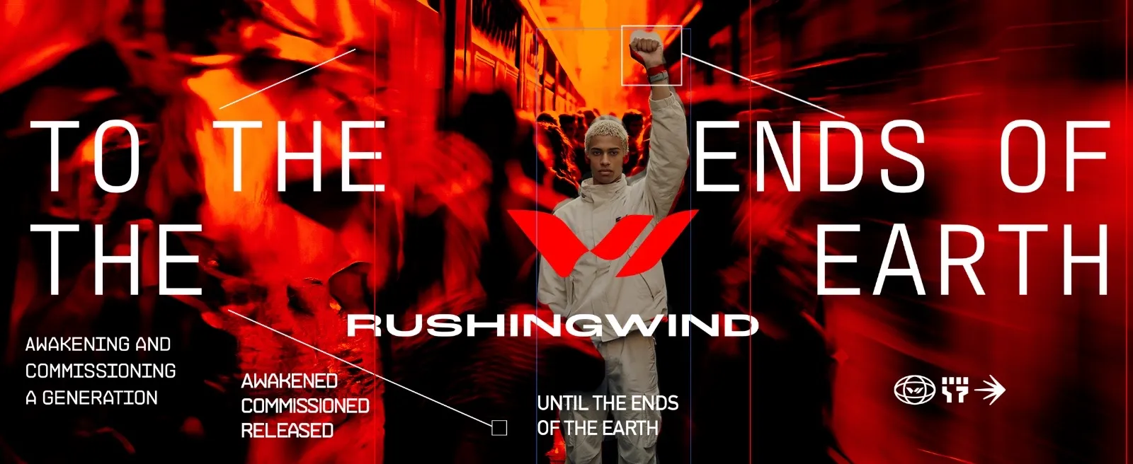Arte clave oficial del movimiento: la frase «To the ends of the earth» y el logotipo de Rushing Wind sobre una multitud en movimiento.